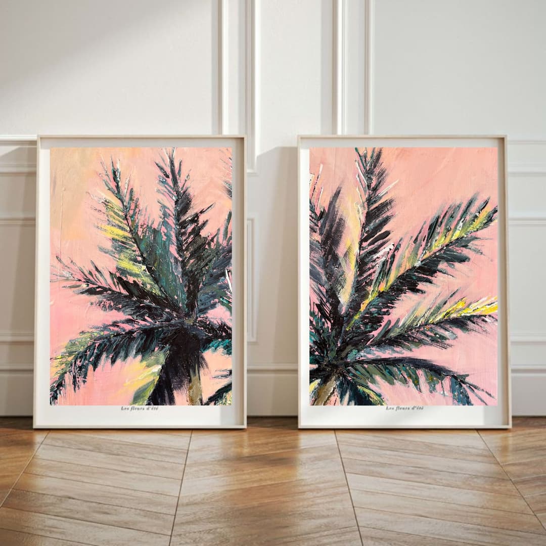 Pinky Palms — soft pinks and greens diptych